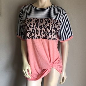 ❌ SOLD! Pink Knotted Tee with Leopard Print